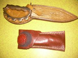 Leather skiving knife with sheath and knuckle knife with new sheath. 