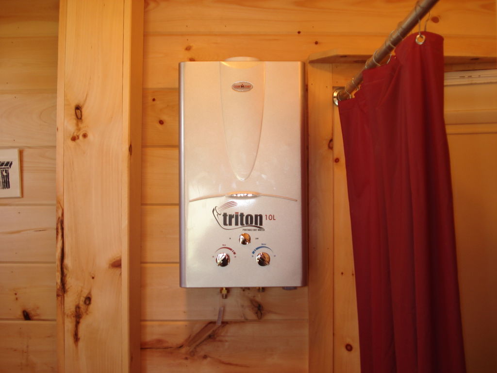 cabin hot water heater 

http://www.instructables.com/id/Install-a-camping-propane-hot-water-heater/